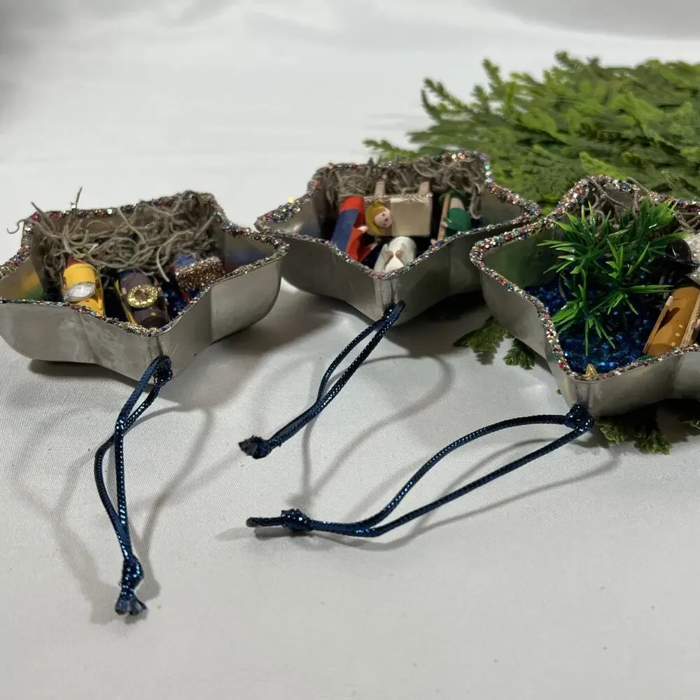 Handmade Vintage Star Tart Tins Nativity Trio Set of 3 Ornaments Glitter Diorama
